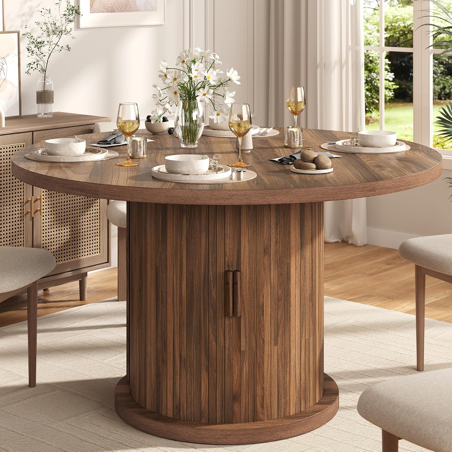 47.24" Round Dining Table For 4, Farmhouse Fluted Kitchen Tables Dining Room Circle Dinner Table, Modern Wood Kitchen & Dining Room Tables
