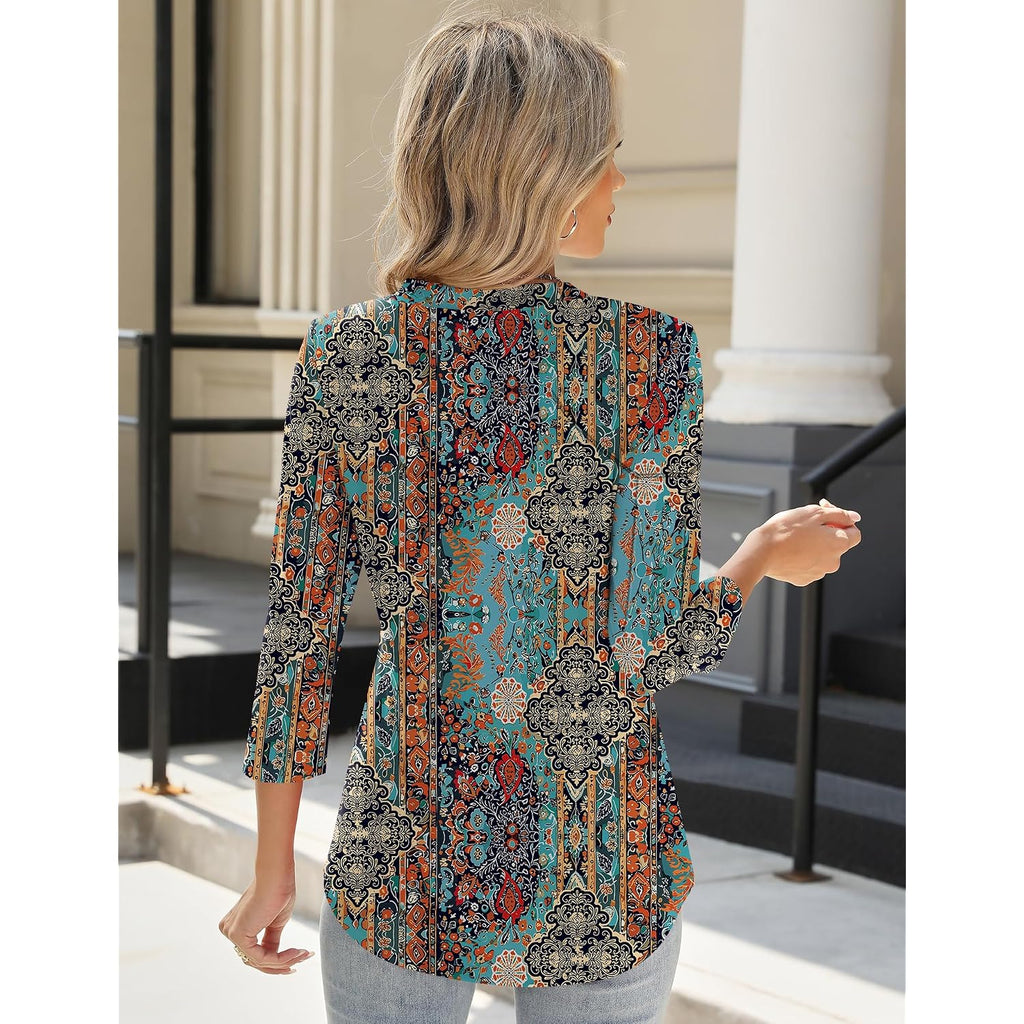AKEWEI Women's 3/4 Length Sleeve Boho Tops V Neck Casual Vacation Clothes Loose Fit Tunic Shirts S-2XL