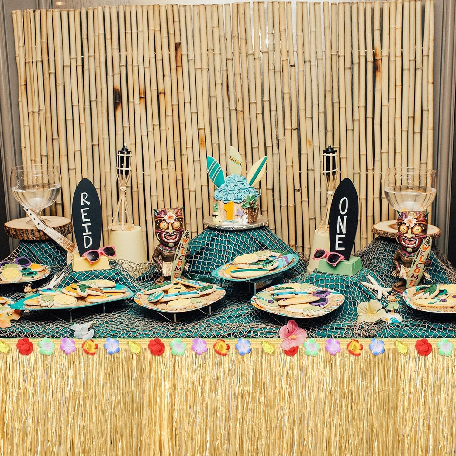Fovths Luau Grass Table Skirt Natural 9 Feet x 29.5 Inch Hawaiian Table Skirt for Tropical Hawaiian Party Decorations Luau Costume Party, Straw Yellow