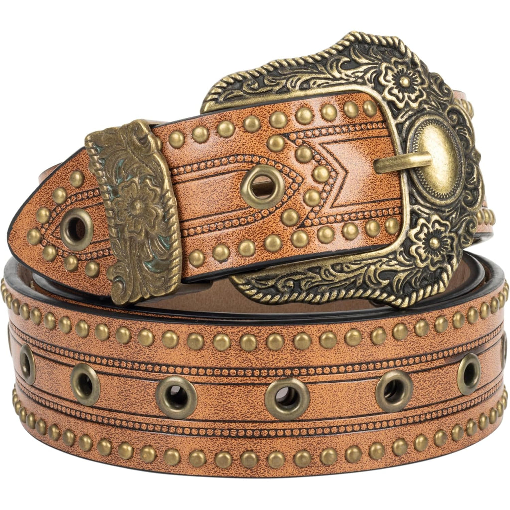 Mealah Vintage Western-Cowboy-Belt for Women Men - Carved Buckle PU Leather Waist Belts (for Waist 28"-38")