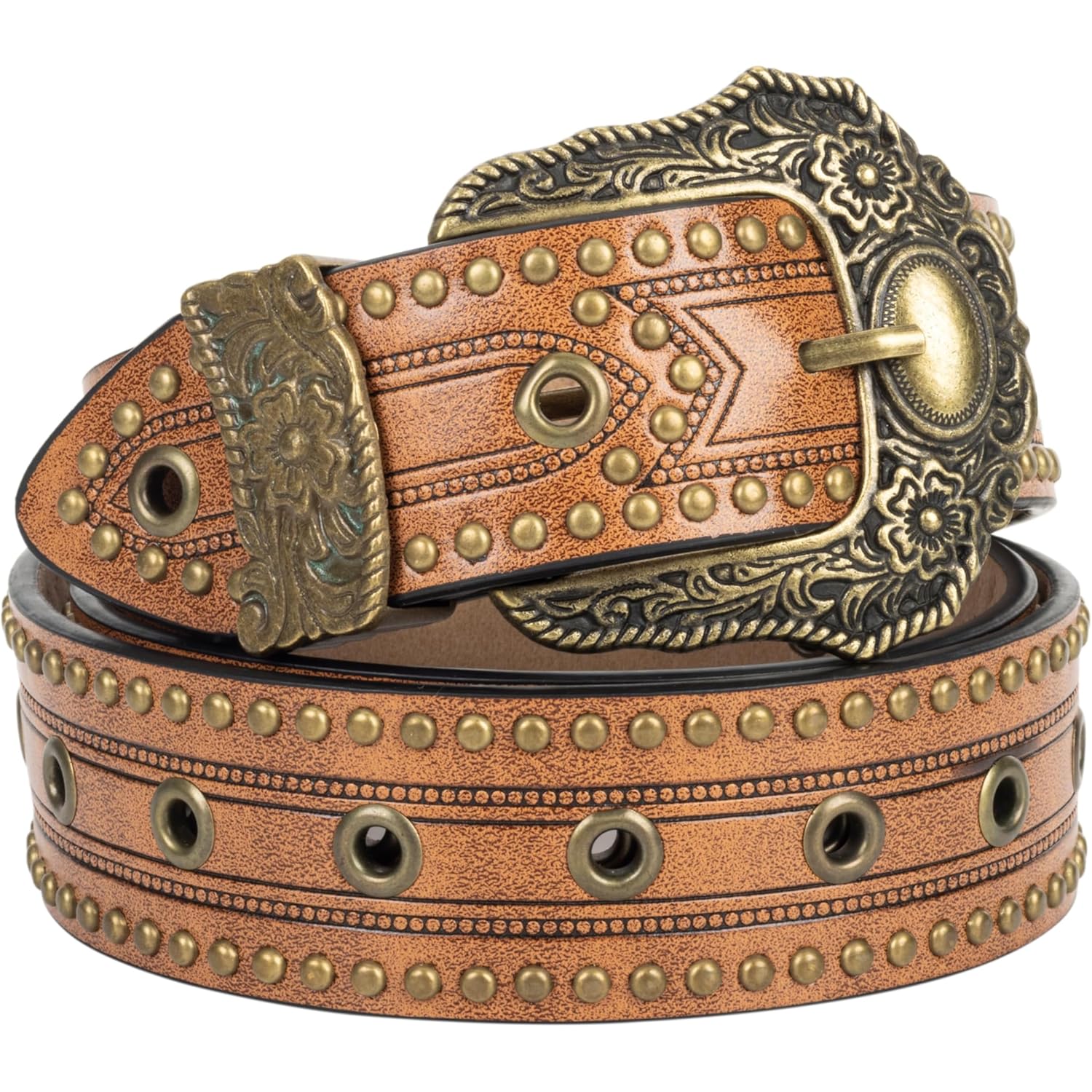 Mealah Vintage Western-Cowboy-Belt for Women Men - Carved Buckle PU Leather Waist Belts (for Waist 28"-38")