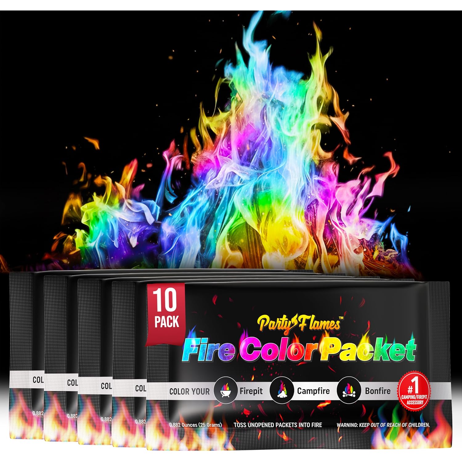 Magic Campfire Fire Color Changing Packets For Fire Pit (10 Pack) Outdoor Fireplaces & Bonfires, Rainbow Colored Flames - Perfect Camping Essential & Accessories - Must Have For Kids & Adults