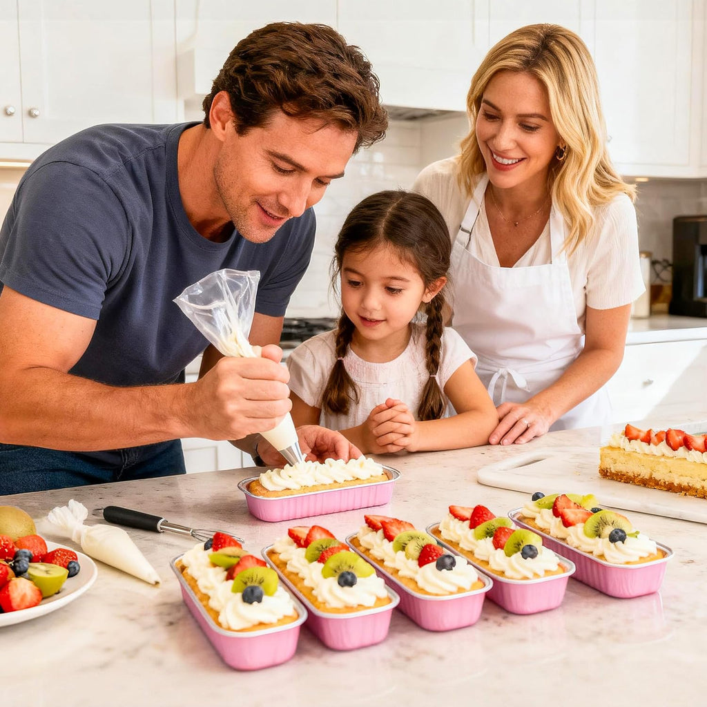 NPLUX Mini Cake Pans with Lids and Spoons, 50 Pack Pink Mini Loaf Pans with Lids, Mini Cake Containers for Baking, Mini Cheesecake and Party Desserts, Individual Cake Pans with Lids