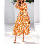 Dowerme Womens Summer Dresses 2026 Casual Puff Short Sleeve V Neck Floral Boho Tiered Ruffle Maxi Dress With Pockets