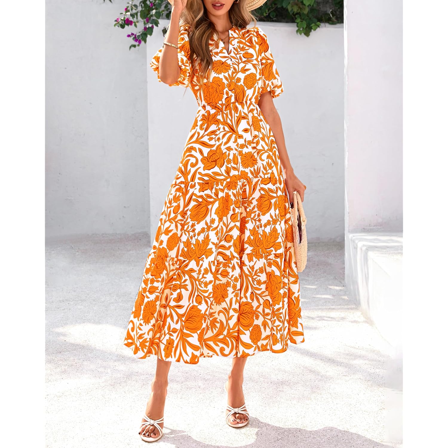 Dowerme Womens Summer Dresses 2026 Casual Puff Short Sleeve V Neck Floral Boho Tiered Ruffle Maxi Dress With Pockets