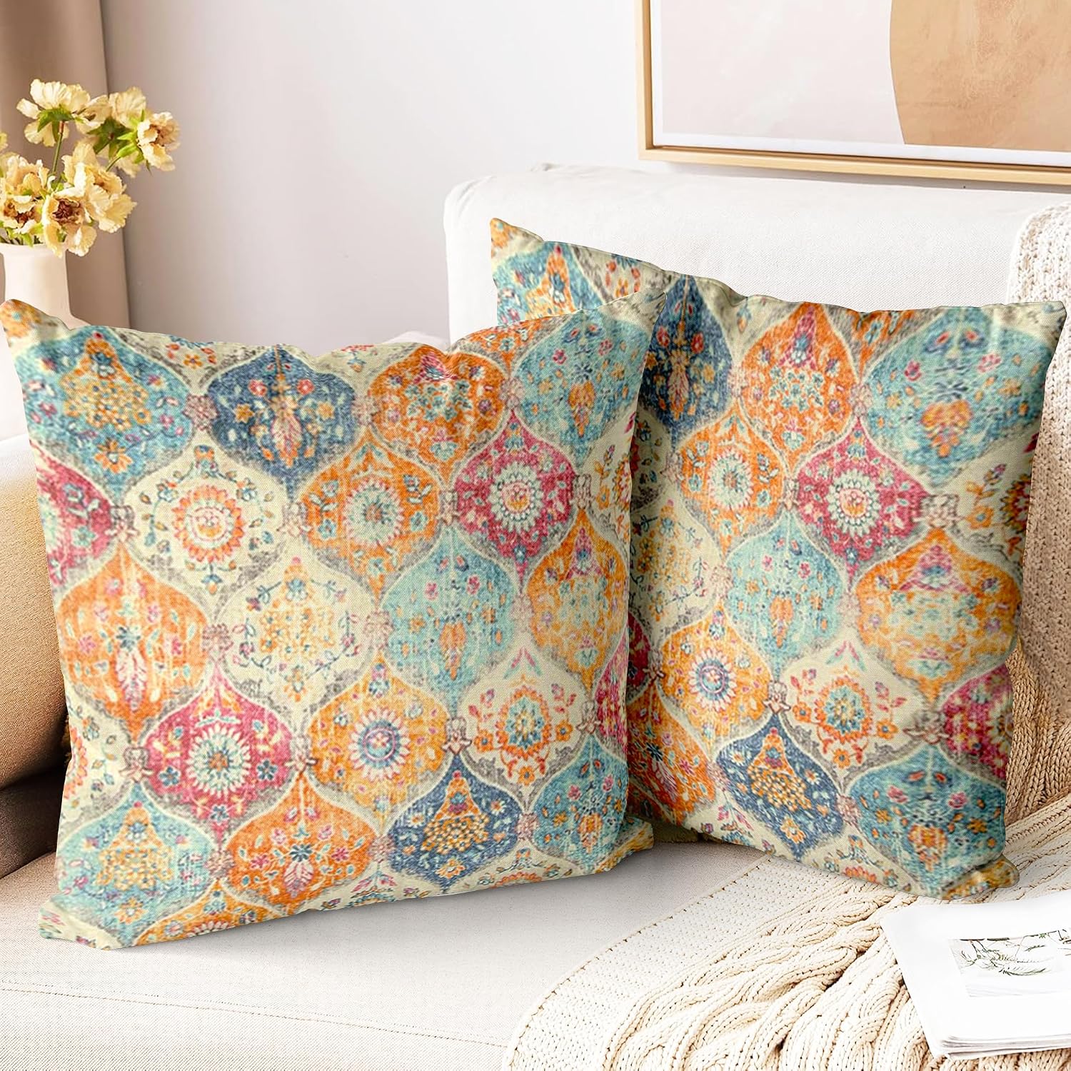 Boho Throw Pillow Covers 18X18 Inch Set Of 2,Soft Pillowcases Bohemia Carpet Printing Pattern Decorative Sofa Living Room Bed Square Pillow Case Cushion Cover-Cream Color