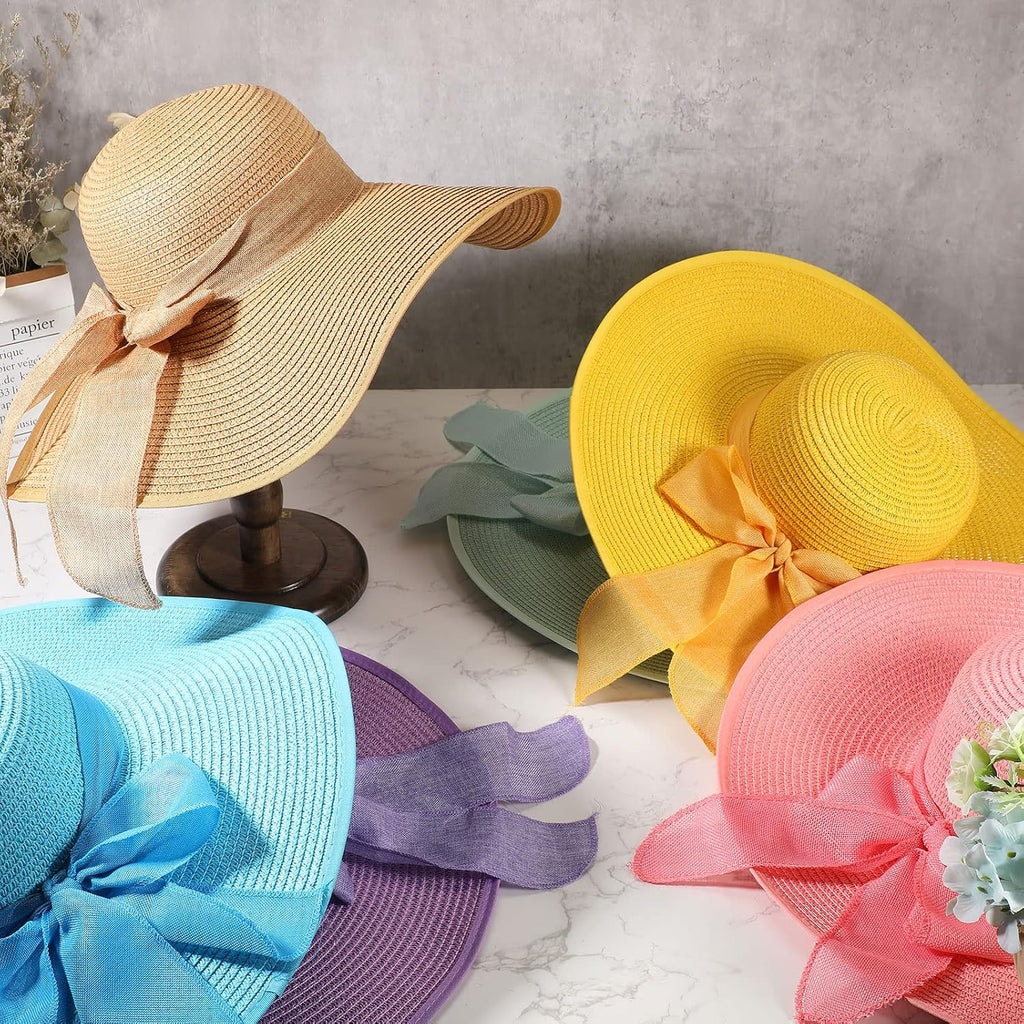 12 Pcs Women'S Wide Brim Straw Hats Floppy Sun Hat Panama Fedora For Tea Party Foldable Sun Visors Summer Beach Cap