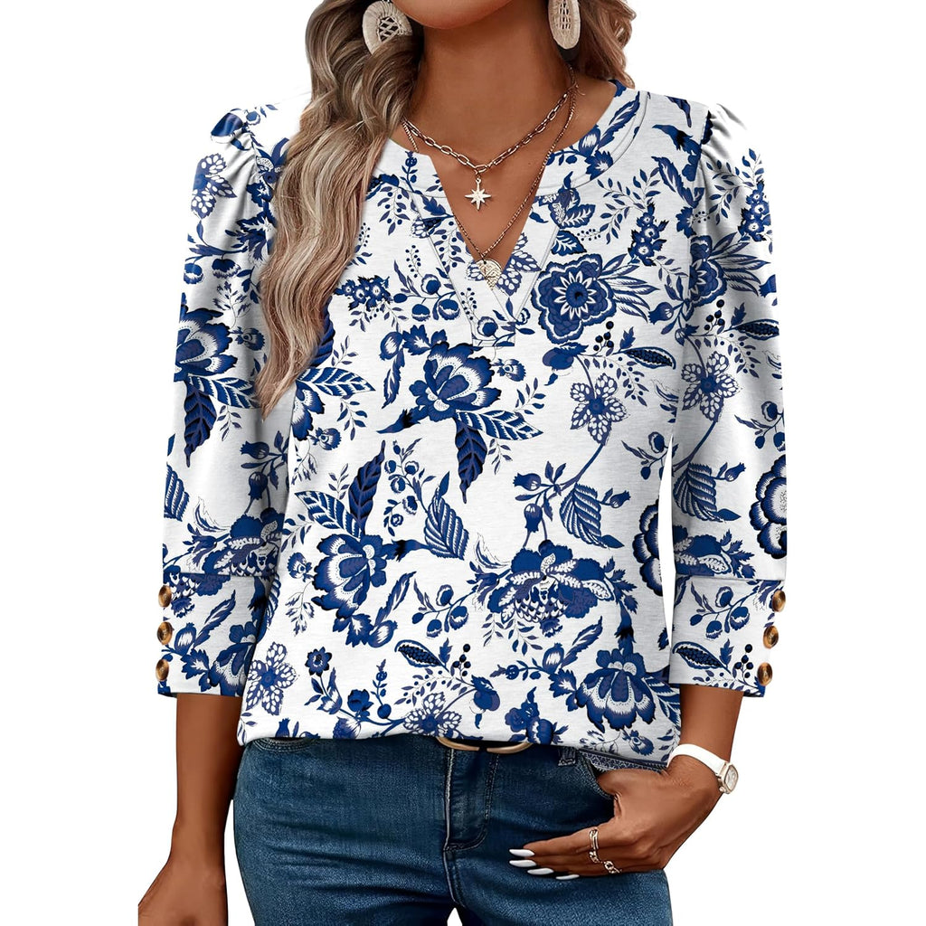 Wiholl 3/4 Length Sleeve Womens Tops With Button Cuffs Dressy Casual V Neck Summer Outfits Early Fall Fashion Spring Clothes
