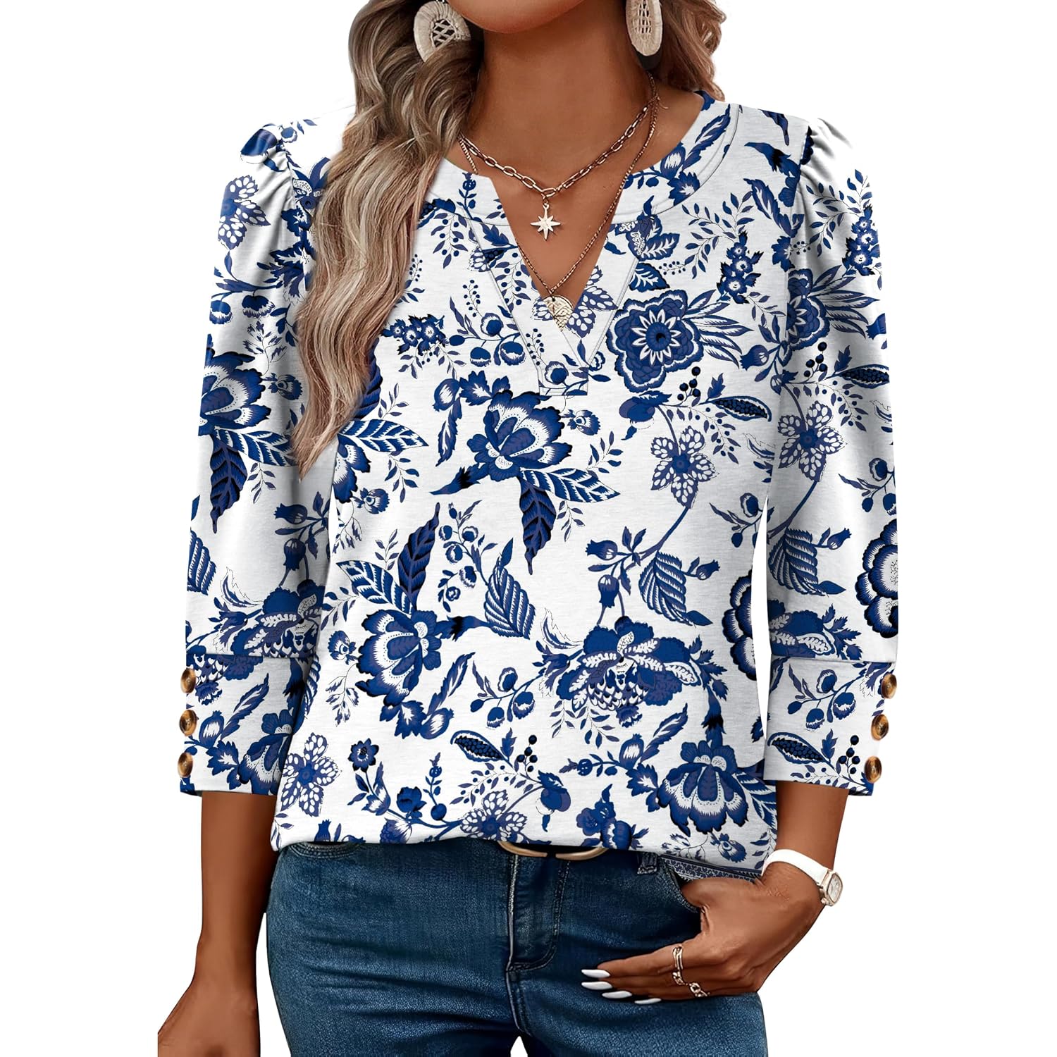 Wiholl 3/4 Length Sleeve Womens Tops With Button Cuffs Dressy Casual V Neck Summer Outfits Early Fall Fashion Spring Clothes