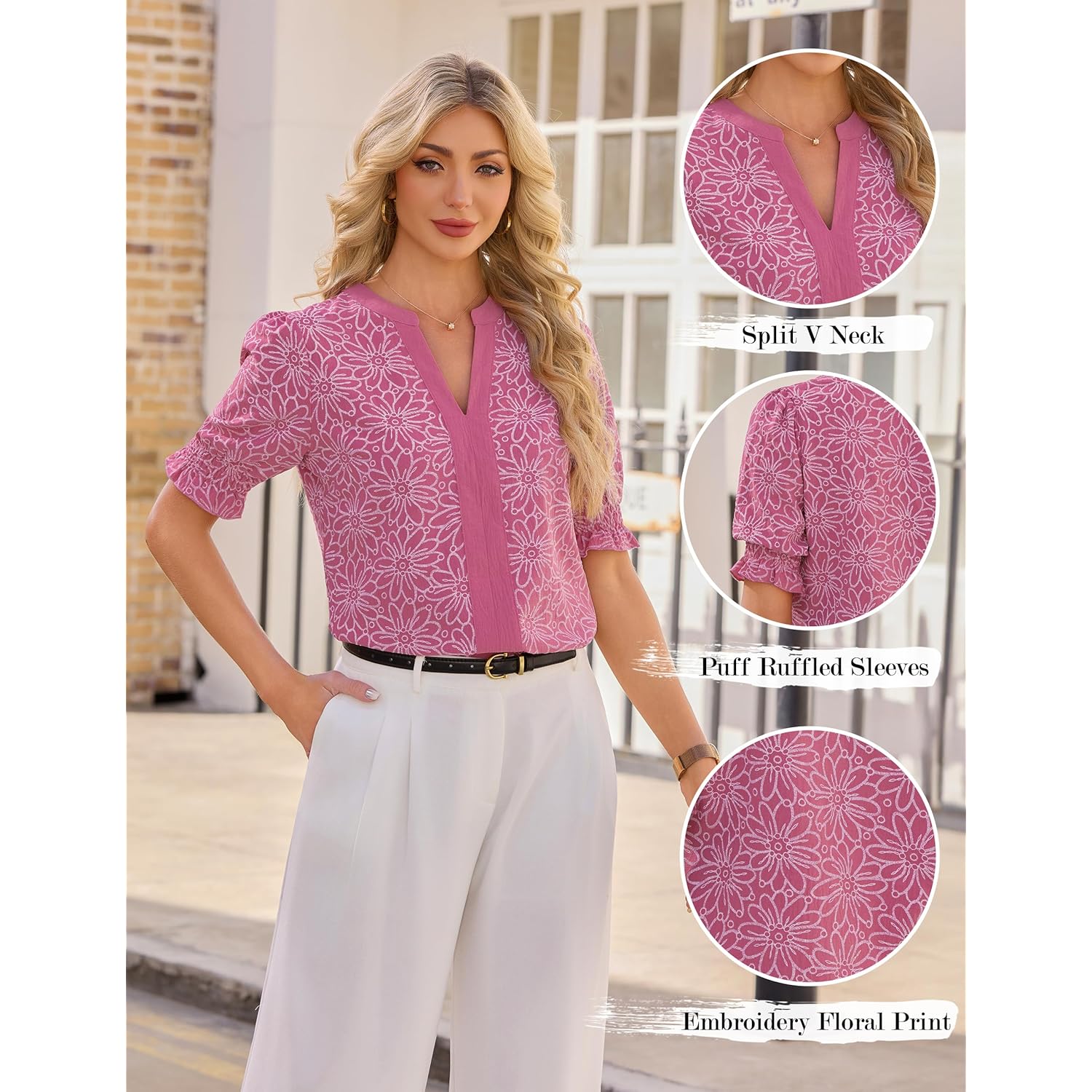 Women Puff Ruffled Sleeves Dressy Casual Blouses Floral Print V Neck Tops Color Blocked Business Work Shirts