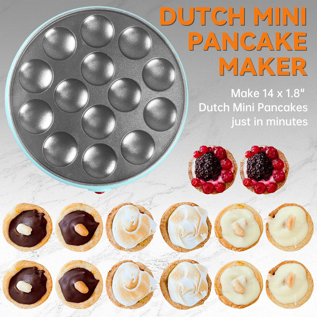 Baker'S Friend Mini Pancakes Maker Machine, Dutch Mini Pancake Griddle, 14 Holes Electric Poffertjes Pan, Ideal For Breakfast, Snacks, Desserts & More