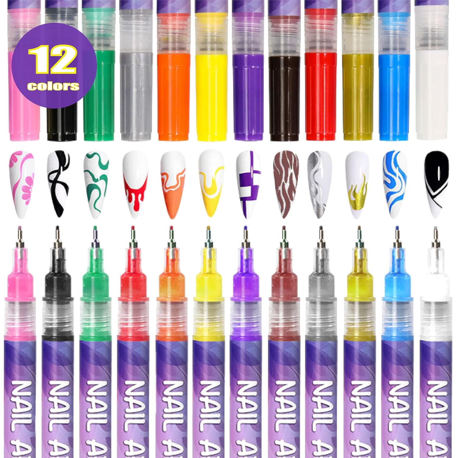 12 Colors Nail Art Pens Set, 3D Nail Polish Pens, Nail Art Markers for Gel Nails, Dotting Pen, Acrylic Paint Pens, Liner Pen for Nail Art Design Manicure DIY Decoration
