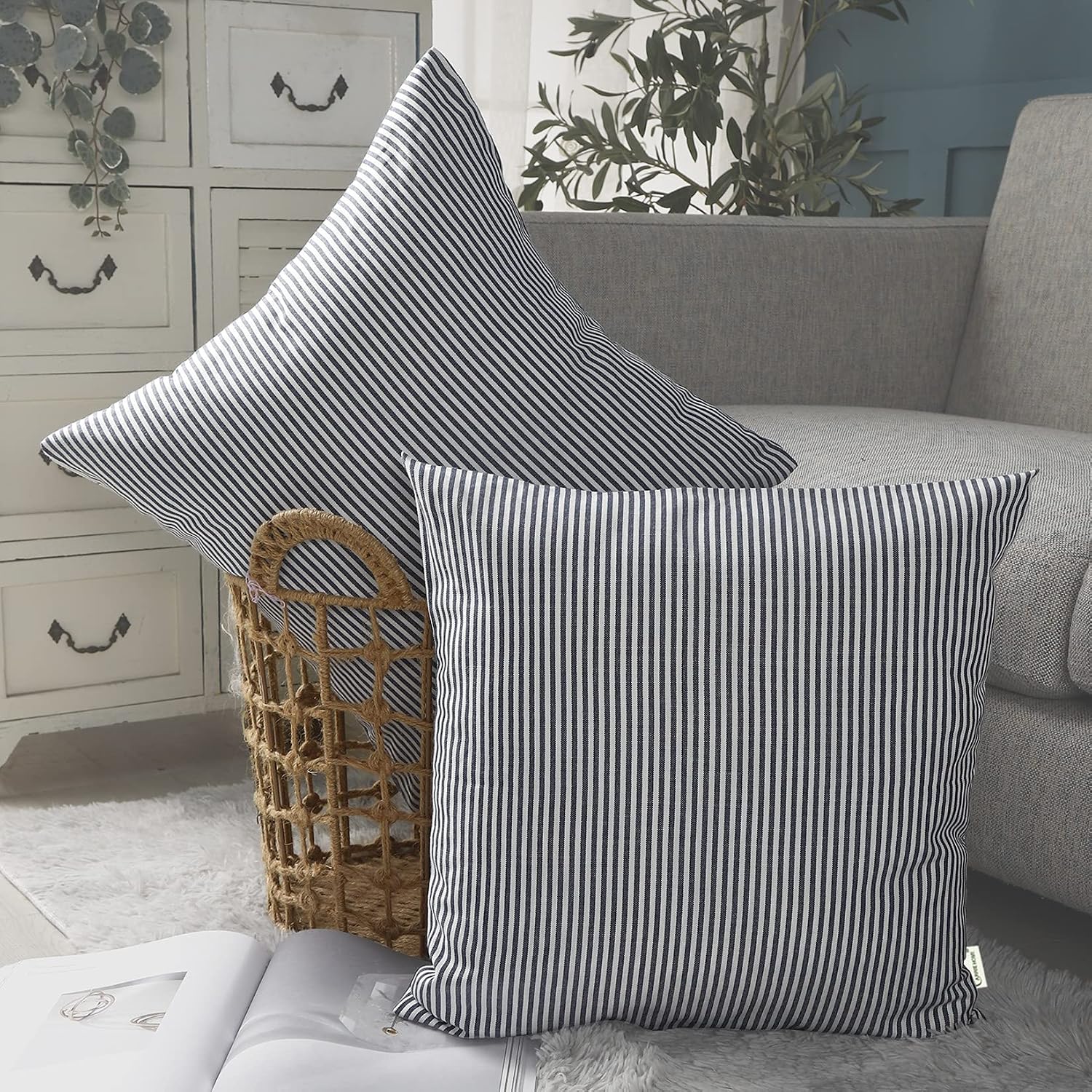 Blue White Farmhouse Striped Pillow Covers 18X18 Set Of 2 Navy Blue Farmhouse Decor Pillows For Sofa Bedroom Chair And Christmas Decoration