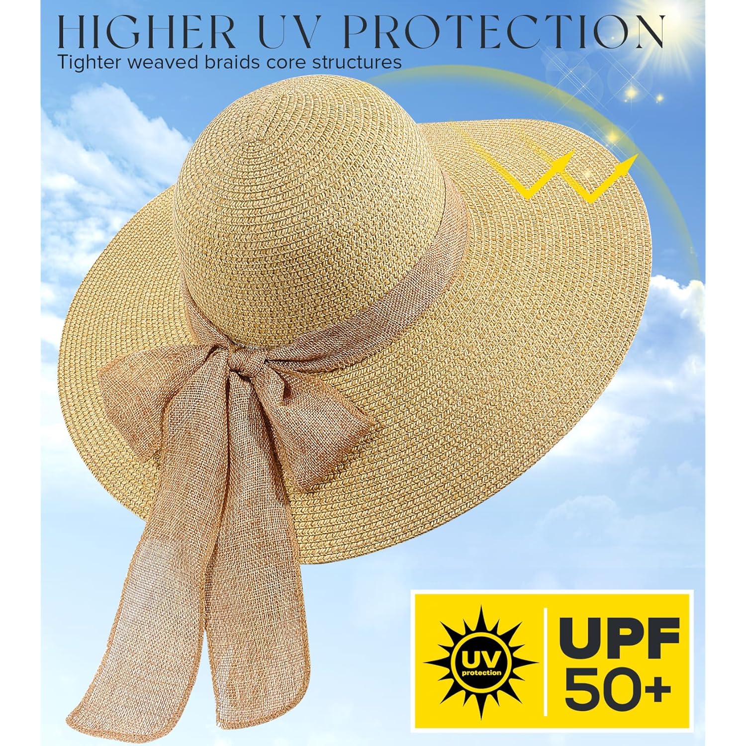 Beach Sun Hats for Women,Wide Brim Straw Hat Floppy Packable UPF 50+ UV Protection with for Summer