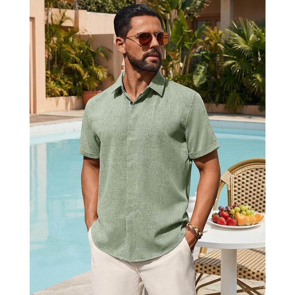 Mens Linen Shirt Short Sleeve Button Down Shirt Summer Casual Beach Tops | Lightweight Breathable, Shrink-Resistant, Linen Texture, Relaxed Fit Button Up, For Vacation Wedding Work Office Date Daily