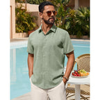 Mens Linen Shirt Short Sleeve Button Down Shirt Summer Casual Beach Tops | Lightweight Breathable, Shrink-Resistant, Linen Texture, Relaxed Fit Button Up, For Vacation Wedding Work Office Date Daily