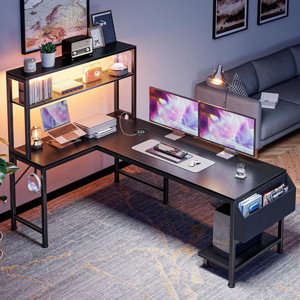 L Shaped Gaming Desk With Led Lights & Power Outlets, Reversible Computer Desk With Storage Shelves & Bag, Large Corner Home Office Desk With Pegboard For Work From Home, Black