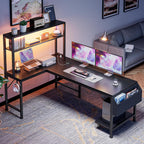 L Shaped Gaming Desk With Led Lights & Power Outlets, Reversible Computer Desk With Storage Shelves & Bag, Large Corner Home Office Desk With Pegboard For Work From Home, Black