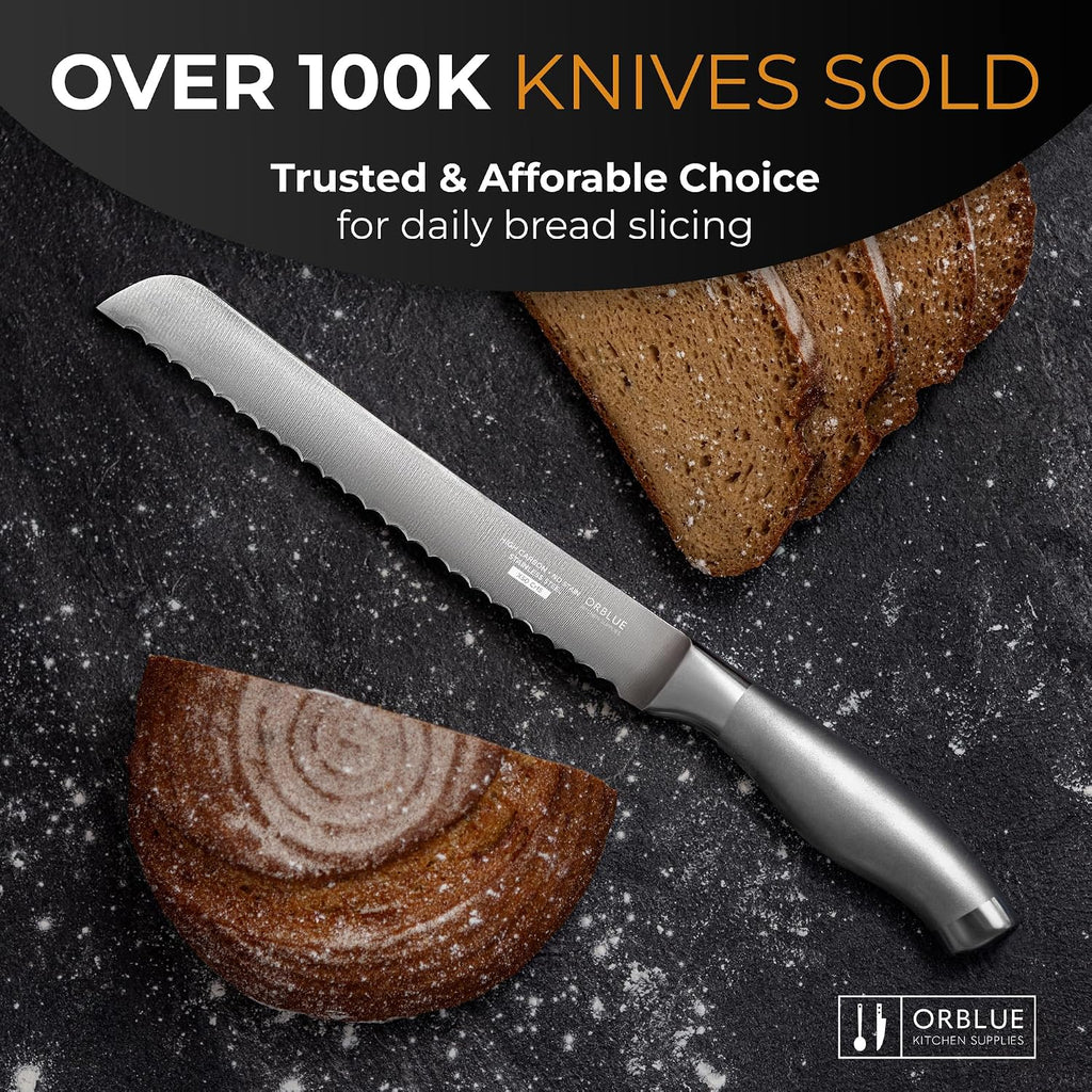 Orblue Serrated Bread Knife With Upgraded Stainless Steel Razor Sharp Wavy Edge - Bread Cutter Ideal For Slicing Homemade Bagels, Cake (8-Inch Blade With 5-Inch Handle)