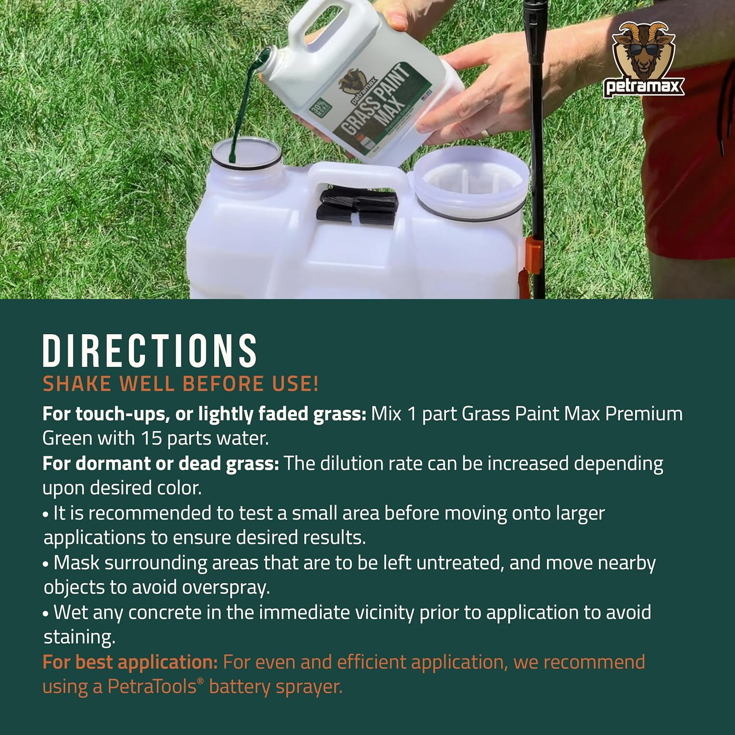 Petramax Green Grass Paint For Lawn Dye - Maintain Turf Or Green Grass, Spray Paint For Lawn & Shrubs Easy Spray, Pairs W/Petra Sprayer - Touch Up Dog Spots - Pet Safe (Premium, 32 Oz)