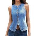 Elleven Women’S Crew Neck Denim Vest Summer, Button Down Fitted Jean Vest Top For Women Casual Outerwear Waistcoat