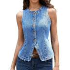 Elleven Women’S Crew Neck Denim Vest Summer, Button Down Fitted Jean Vest Top For Women Casual Outerwear Waistcoat