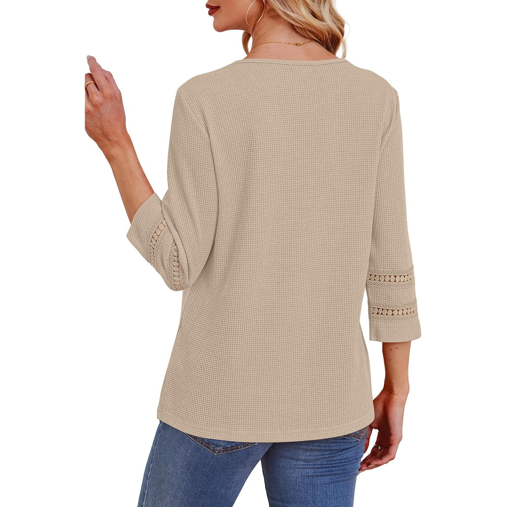 OFEEFAN Womens Tops Dressy Casual 3/4 Length Sleeve Shirts Spring Summer Plus Size Lace Crochet Blouses Waffle Knit