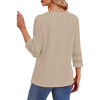 OFEEFAN Womens Tops Dressy Casual 3/4 Length Sleeve Shirts Spring Summer Plus Size Lace Crochet Blouses Waffle Knit