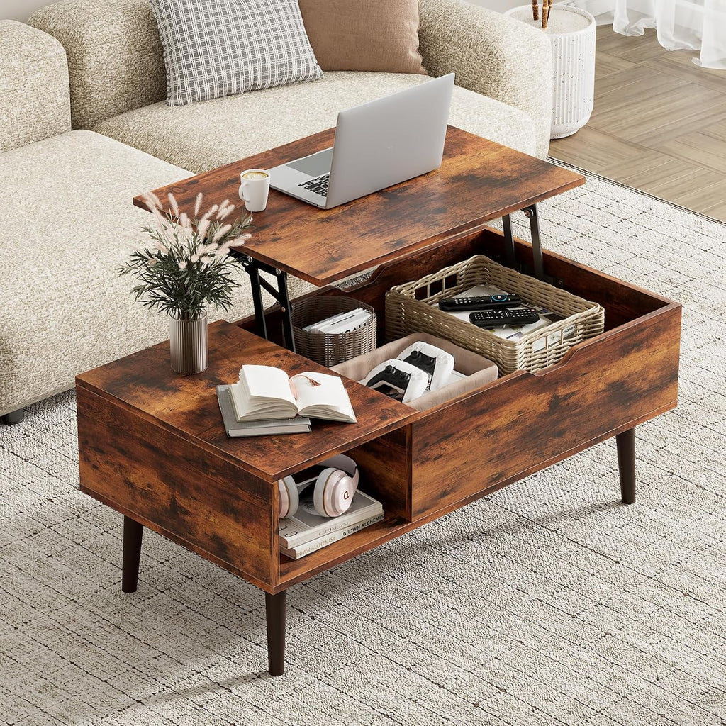 Wood Lift Top Coffee Table With Hidden Storage Compartment & Open Shelf, Multi-Functional Wooden Tabletop Dining Table For Living Room, Home Small Space