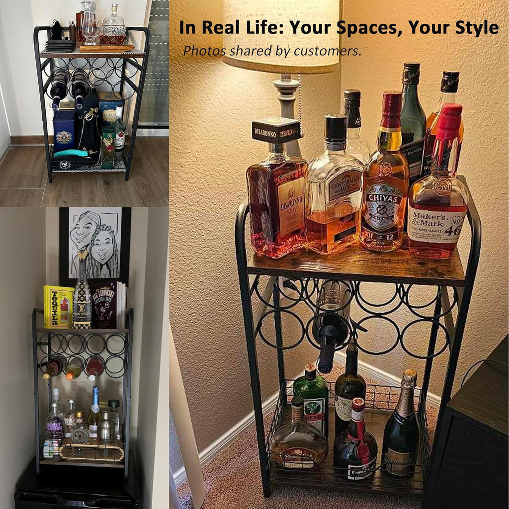 3-Tier Wine Rack Freestanding Floor Cabinet Corner Bar Cabinet Bar Cart,12 Individual Wine Storage Bottle Compartments Corner Bar Cabinet Holder,Wood + Black Frame Liquor Cabinet