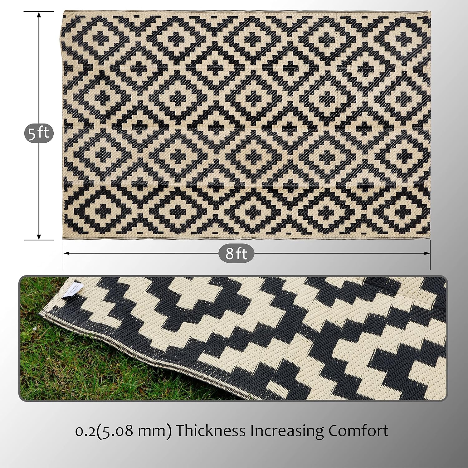 Waterproof Outdoor Rug 5X8 Ft, Plastic Reversible Rug, Modern Area Rug, Large Floor Mat For Outdoors, Rv, Patio, Backyard, Deck, Picnic, Beach, Camping, Black & Beige
