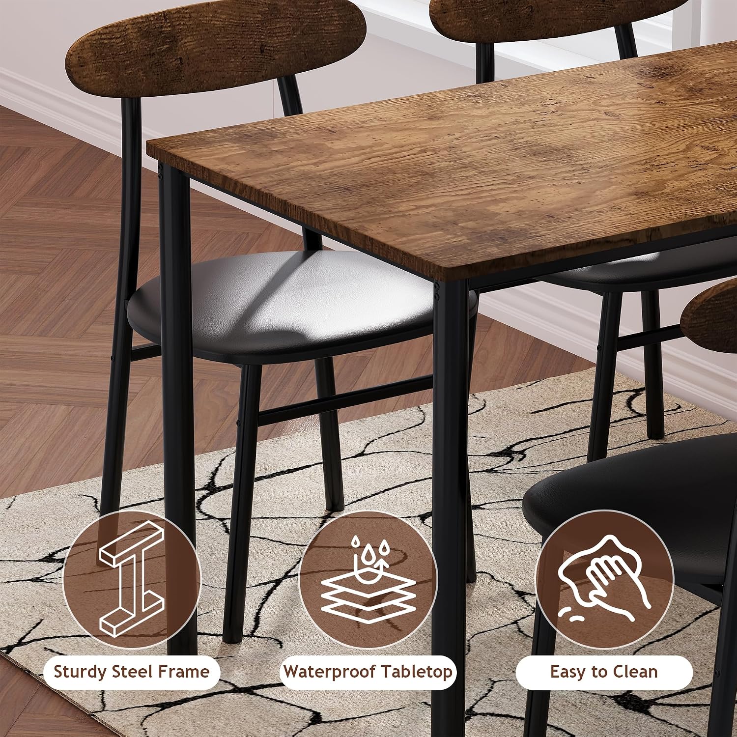 Yumori Dining Table Set For 2, Wood Square Table With 2 Upholstered Chairs For Kitchen And Dining Room, Space Saving (Rustic Brown)