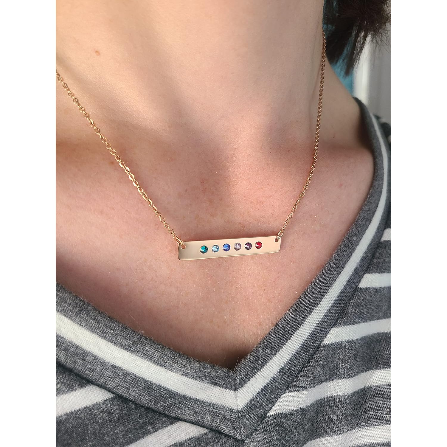 DistinctlyIvy Birthstone Bar Necklace - Choose Crystal Colors, Chain Length, Silver Rose Gold Options - Christmas Mom Gift - DGR DBB