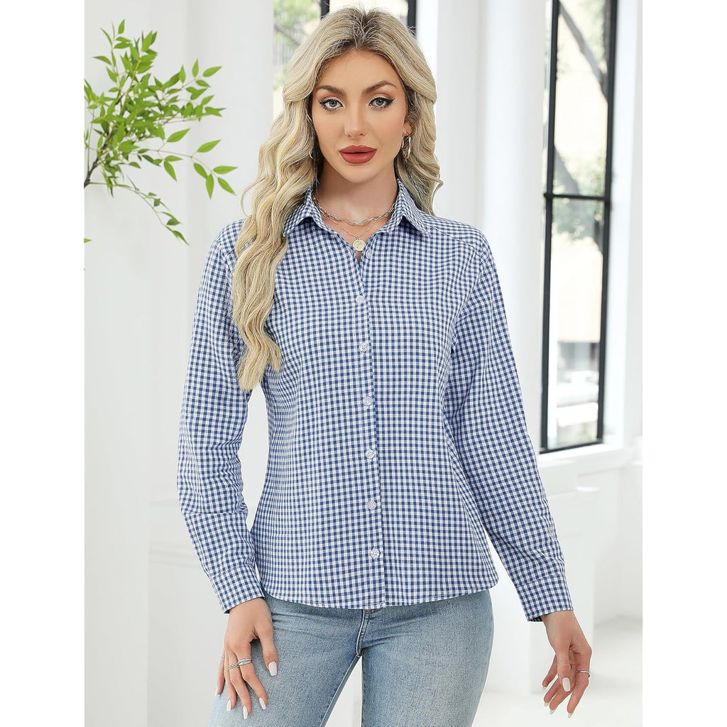 Womens Long Sleeve Button Down Shirts Casual Loose Fit Cotton Collared Blouses
