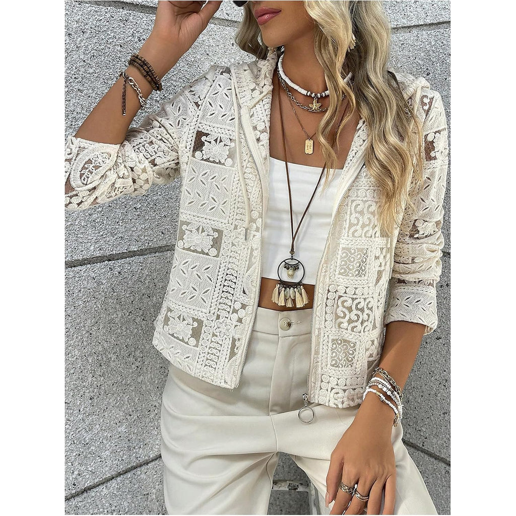 Gorglitter Women'S Lace Cardigan Jacket Zip Up Crochet Sheer Vacation Cruise Going Out Long Sleeve Hooded Tops