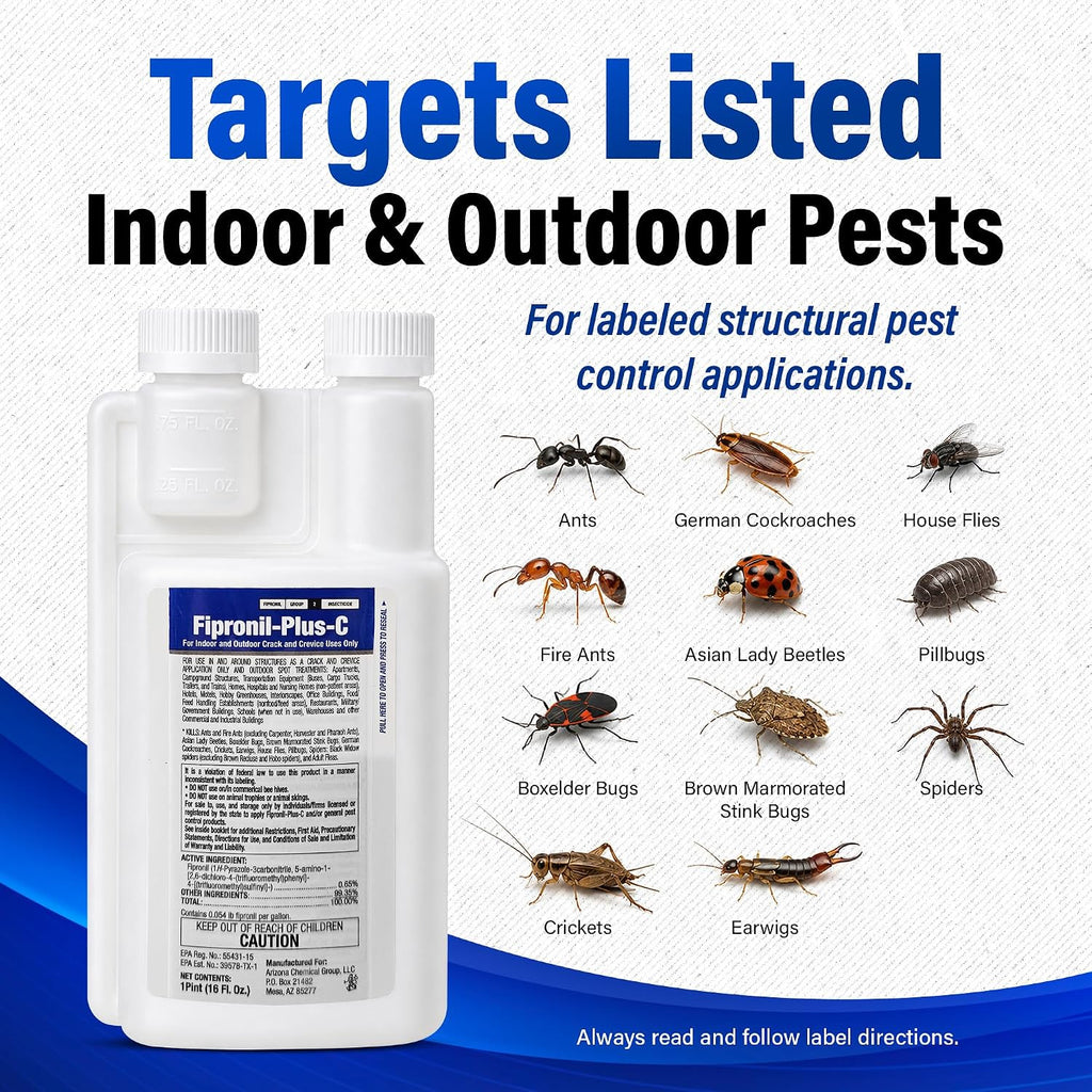 Fipronil Plus-C Insecticide Concentrate — Kills Roaches, Ants, Fire Ants, Stink Bugs, Spiders & More — Non-Repellent Colony Killer — Makes 21 Gallons — 16 Oz