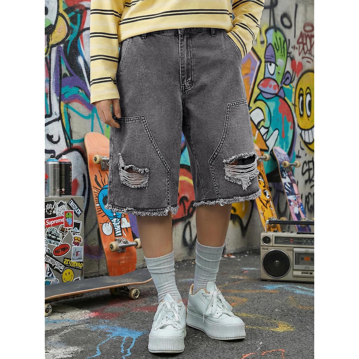 Mens Y2K Carpenter Baggy Jean Shorts, Ripped Jorts Wide Leg, Distressed Cargo Long Denim Shorts Loose Fit Streetwear Summer