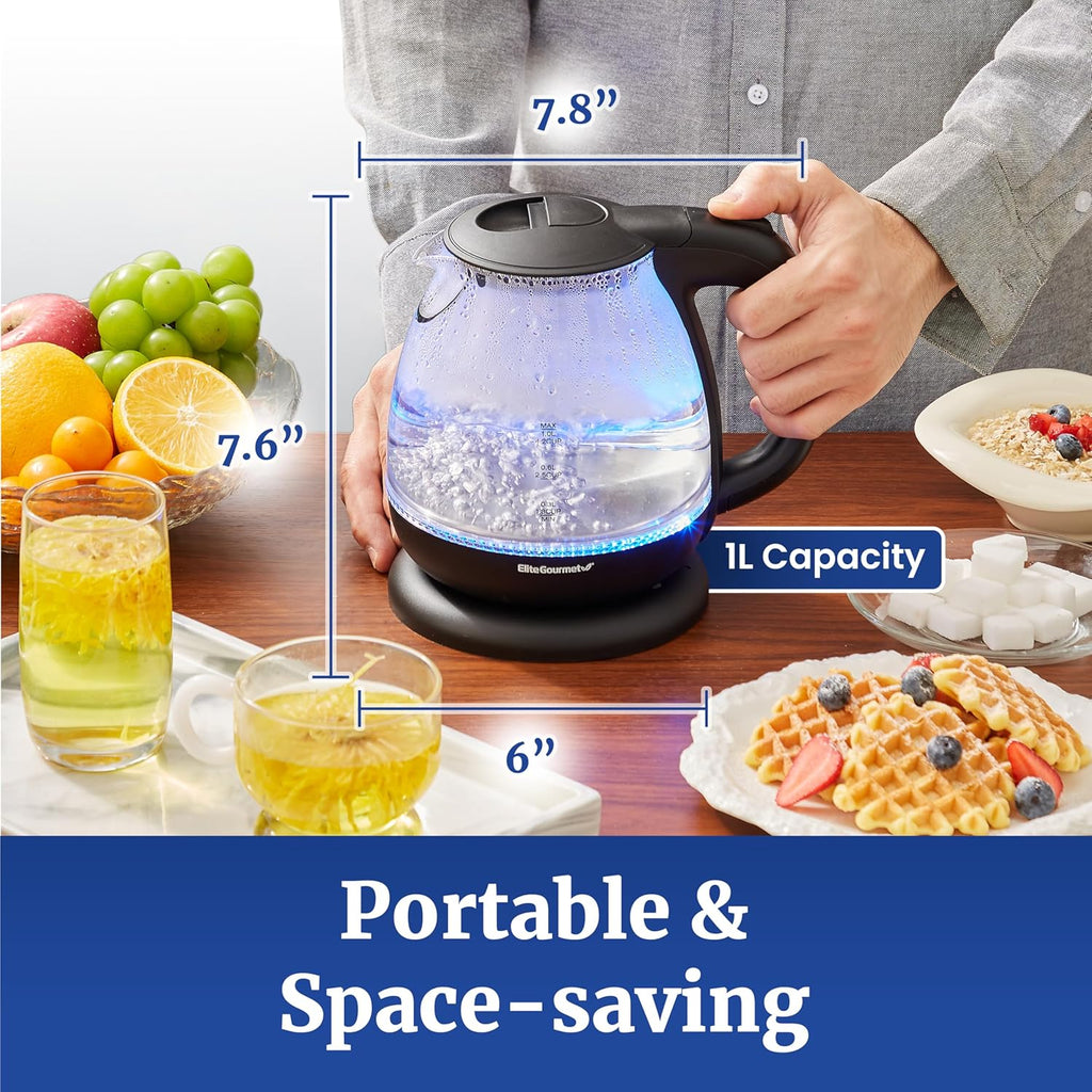 Elite Gourmet EKT1001 Electric 1.0L BPA-Free 1100W Glass Kettle Cordless 360° Base, Stylish Blue LED Interior, Handy Auto Shut-Off Function – Quickly Boil Water For Tea & More, Black