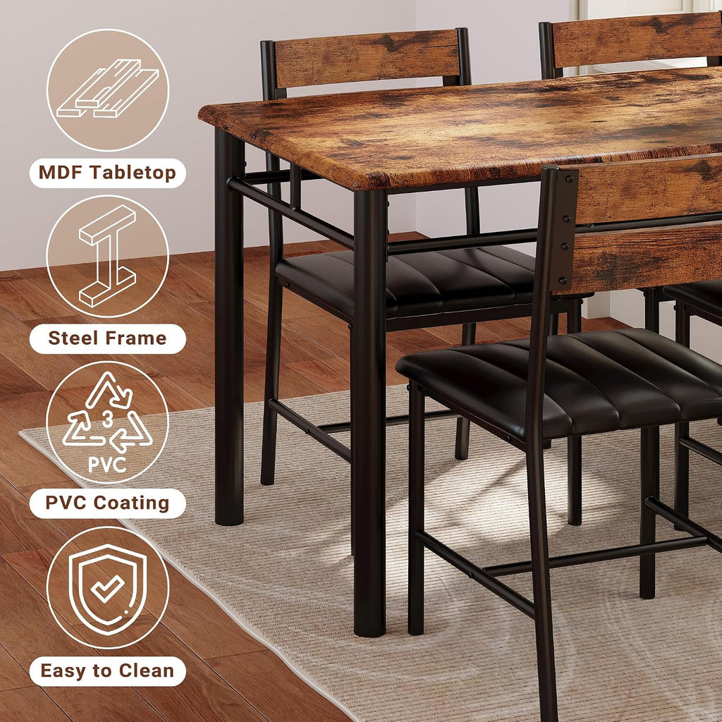 Ironck Dining Table Set For 4, Wood Kitchen Table With Upholstered Chairs For Kitchen Room And Small Spaces, Rustic Brown