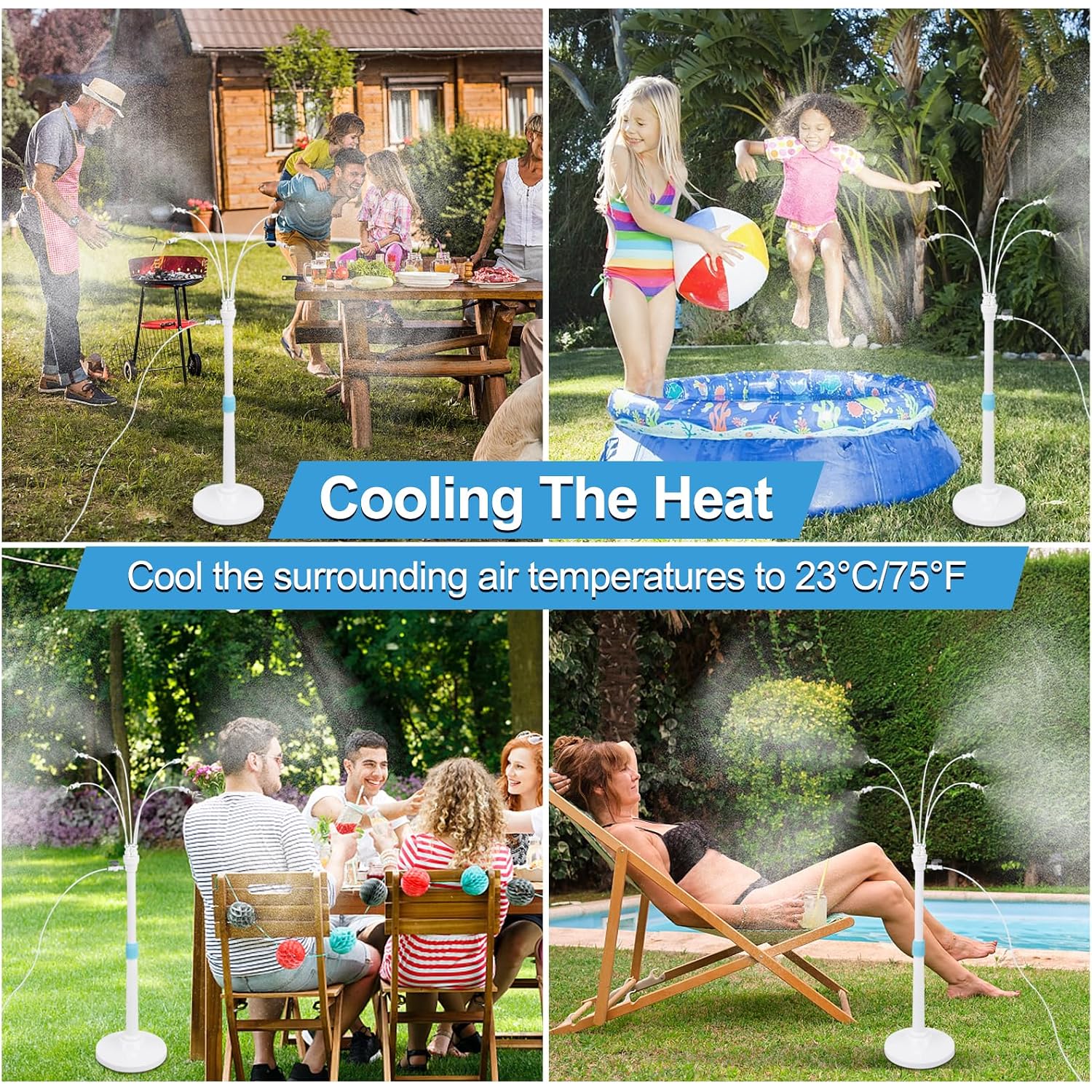 Misters For Outside Patio, Standing Misting Cooling System, Portable Outdoor Water Mist Hose Kit, Adjustable 45.7In Height & 5 Spray Nozzles For Backyard Garden Pool Tanning Bbq Cool Kids Pet Playing