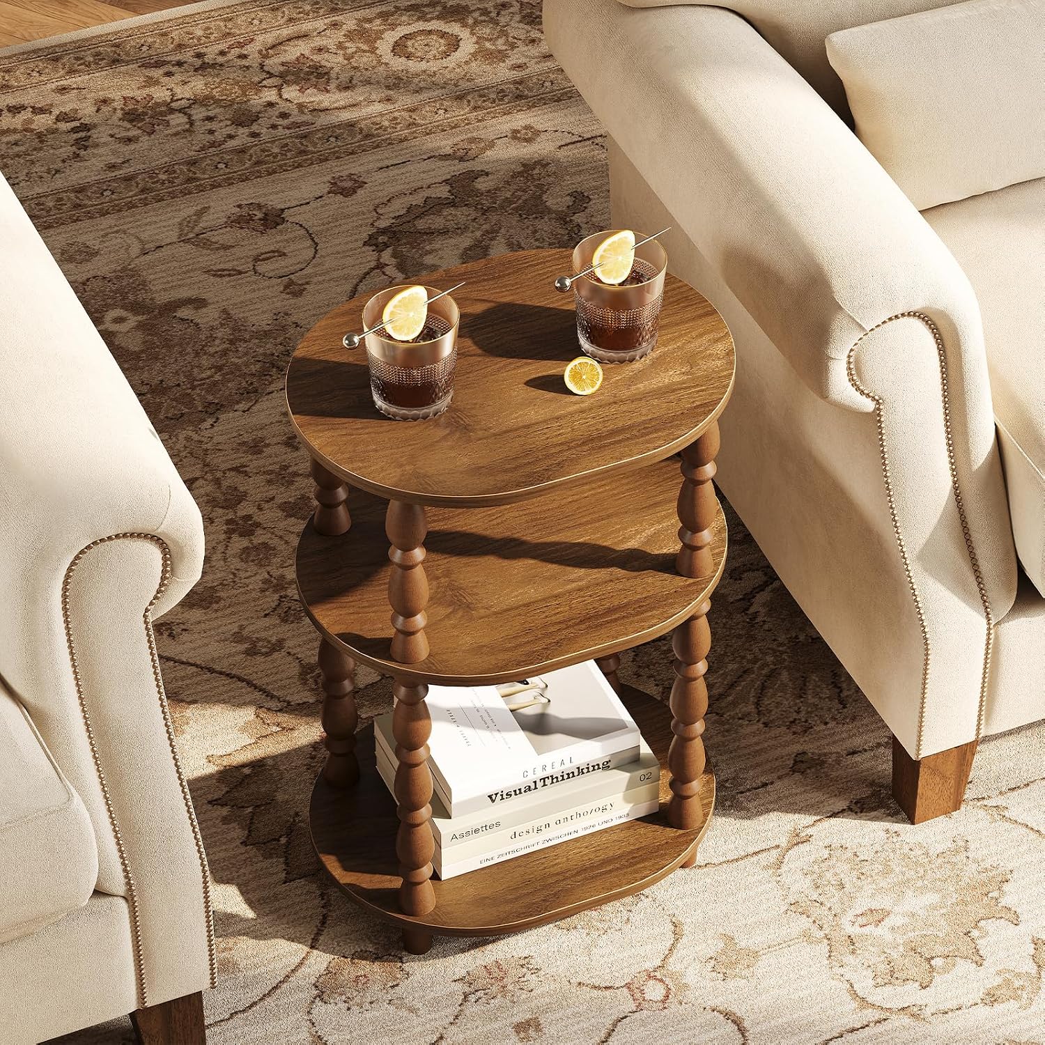 Yoobure 3-Tier Small Side Table - Oval End Table With Vintage Spindle Legs, Accent Night Stand With Storage Shelf For Narrow Spaces, Wood Nightstand Bedside Table For Living Room, Bedroom, Walnut