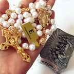 Elegangtmedical handmade White Real Pearl Rose Beads Catholic Rosary Gold Cross Necklace Supper Box