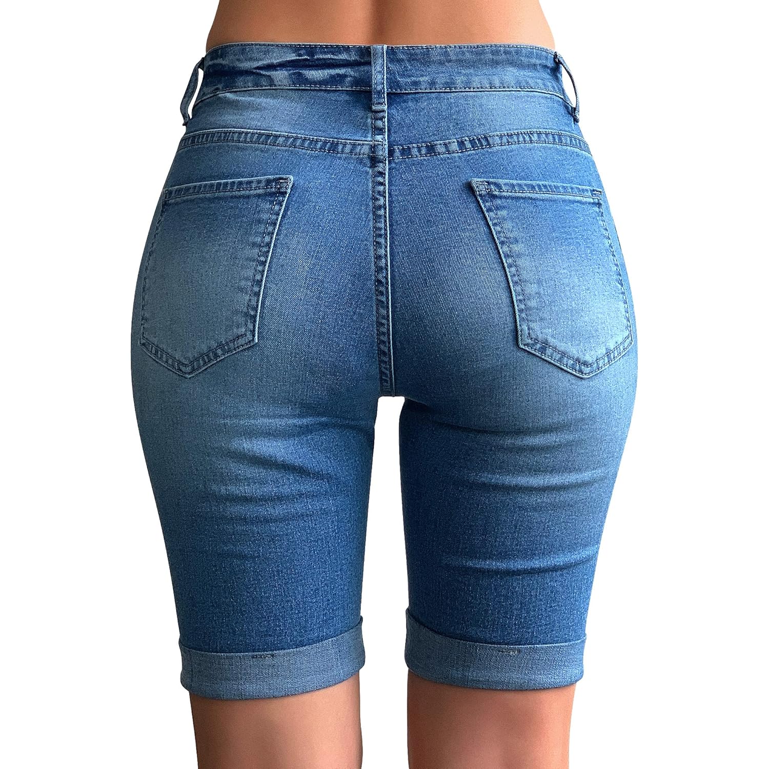 Womens Mid Rise Roll Cuff Bermuda Stretch Denim Jean Shorts