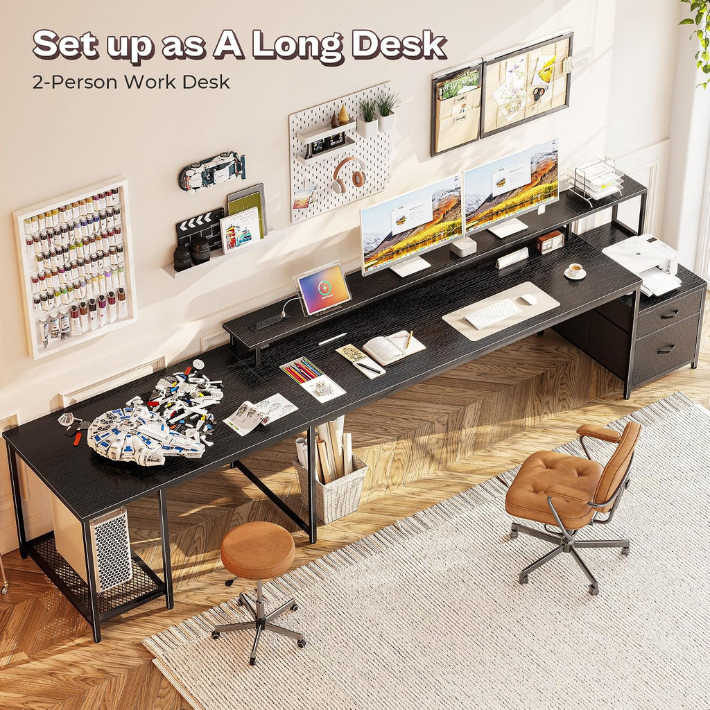 66" L Shaped Gaming Desk With Led Lights & Power Outlets, Computer Desk With Fabric Drawers And Print Stand, Corner Office Desk, Monitor Stand, Mesh Cpu Stand, Black