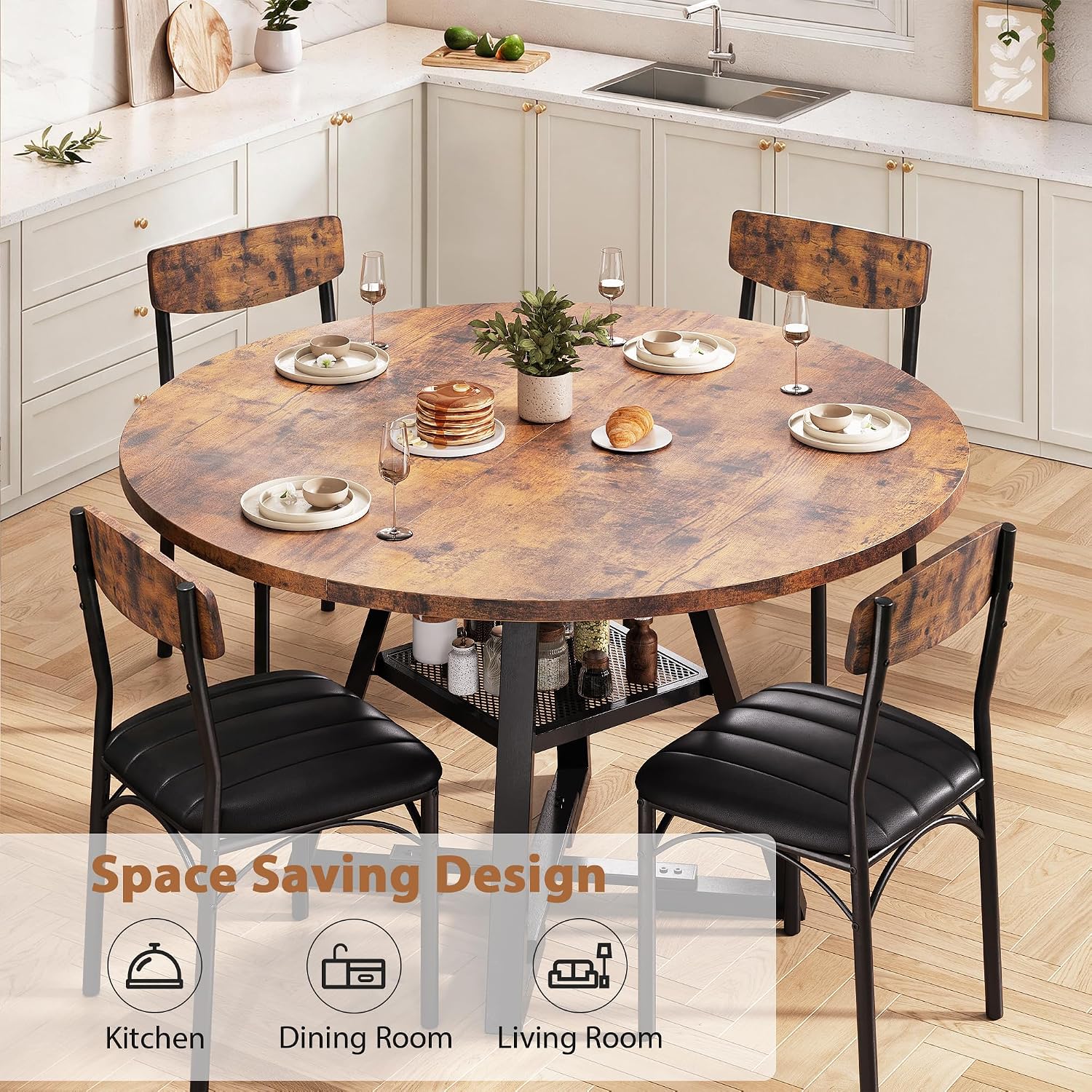 Dining Table Set For 4,Kitchen Table And Chairs For 4, Round Dining Room Table With Upholstered Chairs, 5 Piece Space Saving Circle Wood Kitchen & Dining Room Dinner Dinette Table Set (Vintage, 42In)
