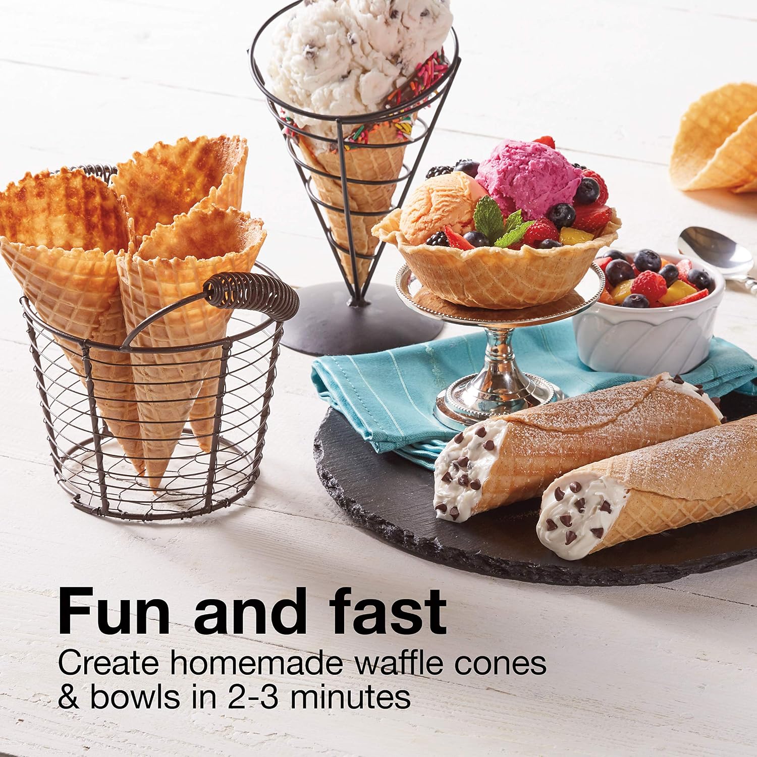 Proctor Silex Waffle Cone And Ice Cream Bowl Maker With Browning Control | Fun And Fast, Cooks In 2-3 Minutes | Includes Cone Shaper Roller & Cup Press | 7.5” Pfas-Free Non-Stick Plates | White
