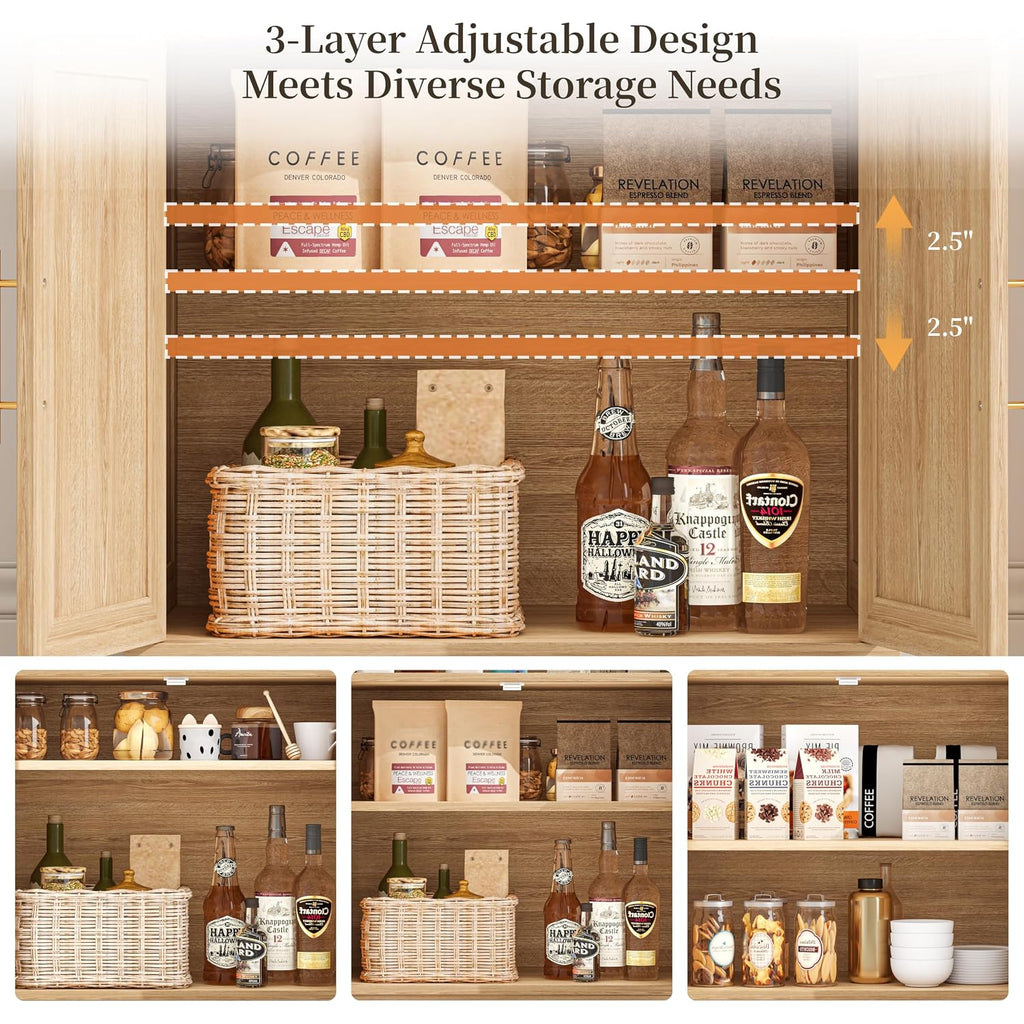 Fluted Coffee Bar Cabinet With Storage, Coffee Station With Adjustable Shelf And Hutch, 23.6" Sideboard Buffet Cabinet With 7 Hooks For Kitchen Living Room, Natural Oak