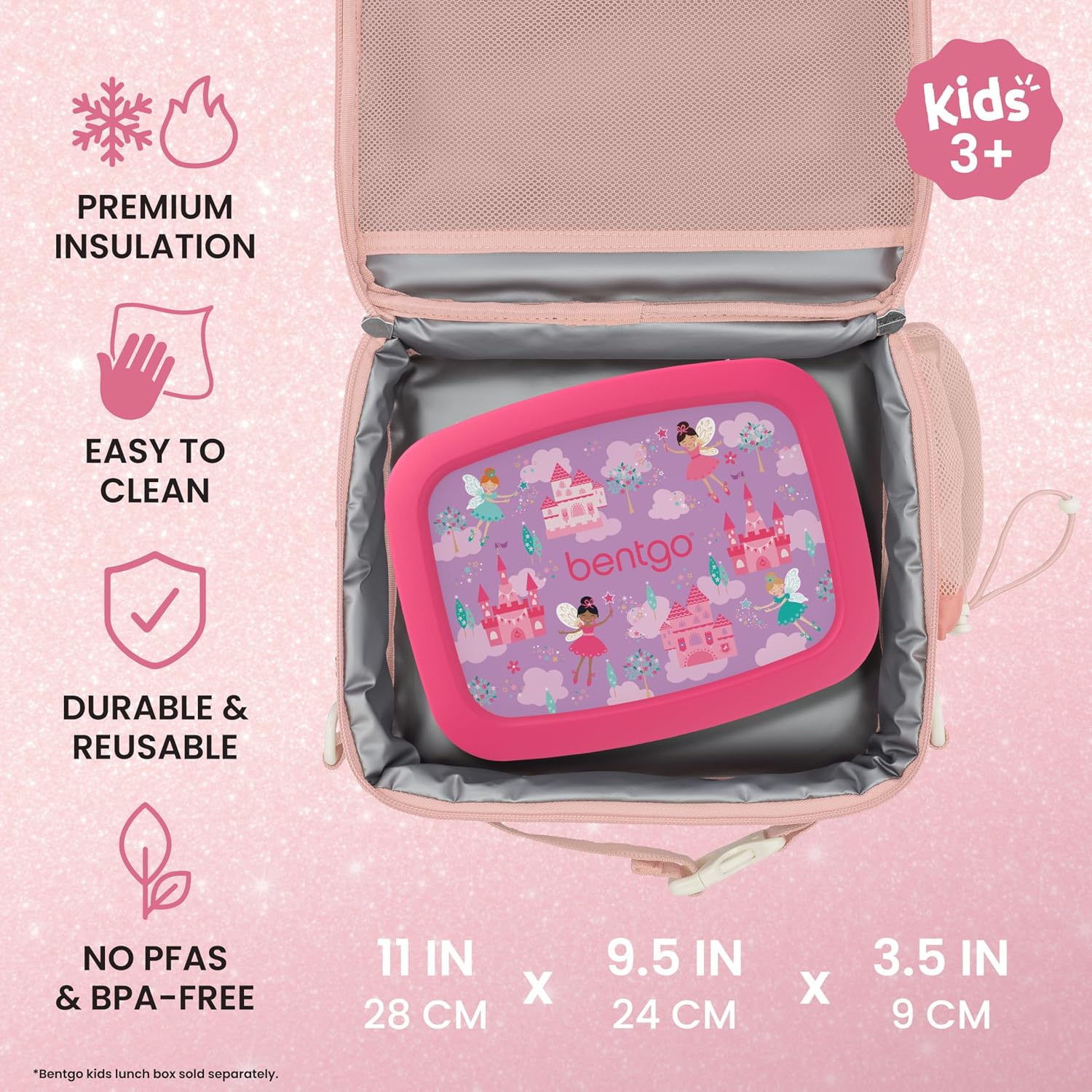 Bentgo Prints Kids Lunch Bag - Double-Insulated, Reusable, For Kids 3+, Adjustable Strap; Holds Kids Lunch Box/Water Bottle; Easy-Clean, Water-Resistant, Pockets (Glitter - Petal Pink)