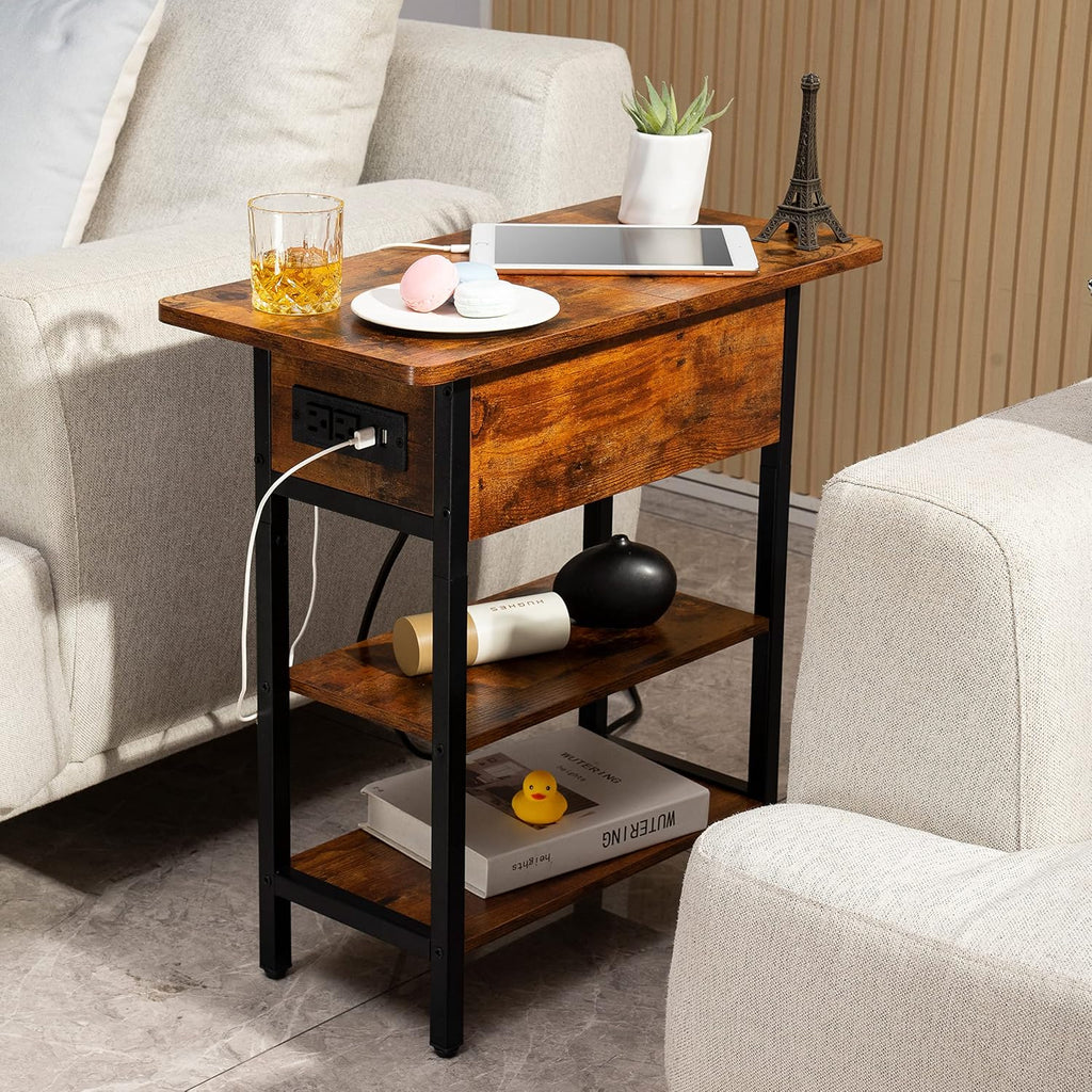 Yoobure End Table With Charging Station, Flip Top Side Table With Usb Ports And Outlets, Sofa Couch Table Bedside Table For Living Room Bedroom, Narrow Nightstand With Storage Shelves For Small Space