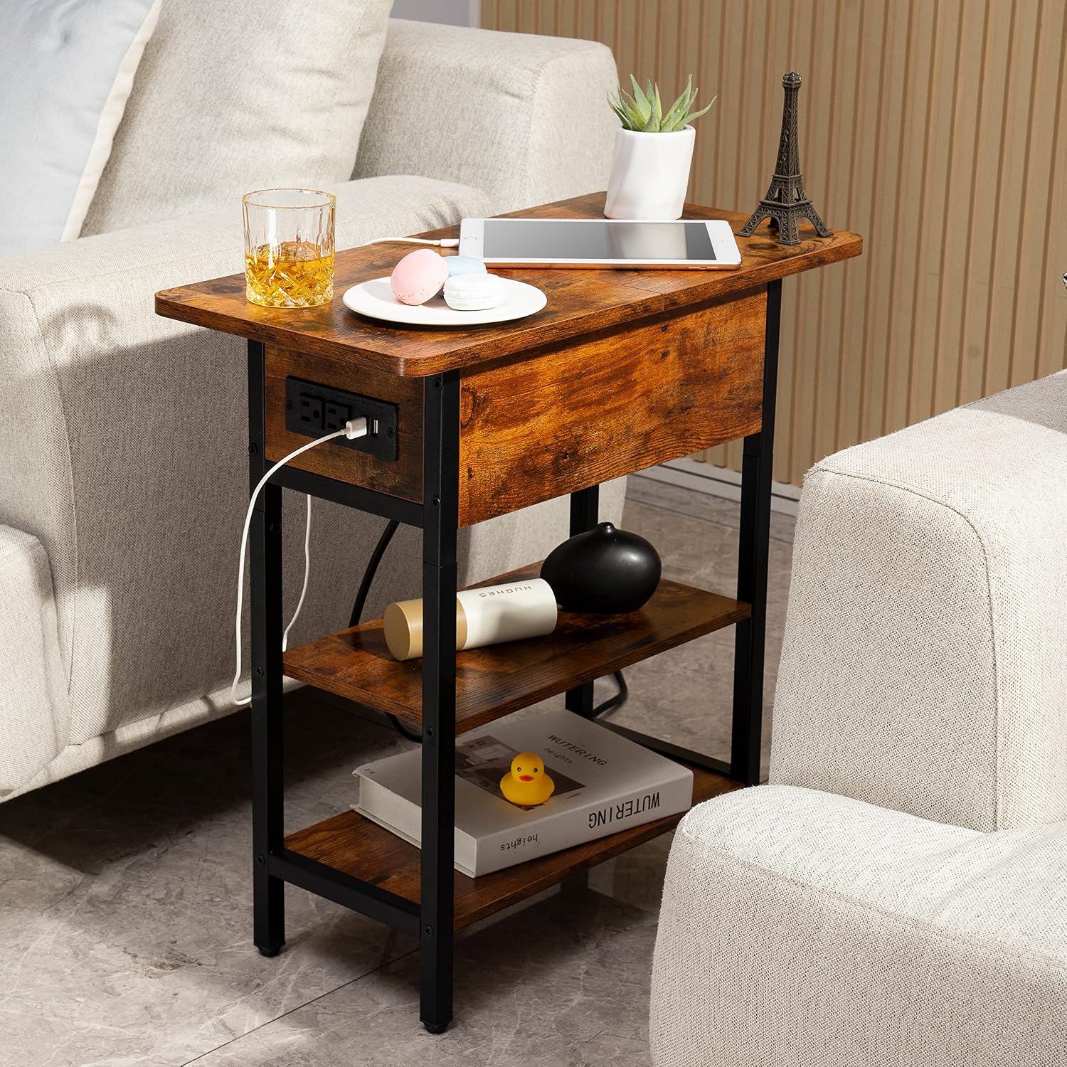 Yoobure End Table With Charging Station, Flip Top Side Table With Usb Ports And Outlets, Sofa Couch Table Bedside Table For Living Room Bedroom, Narrow Nightstand With Storage Shelves For Small Space